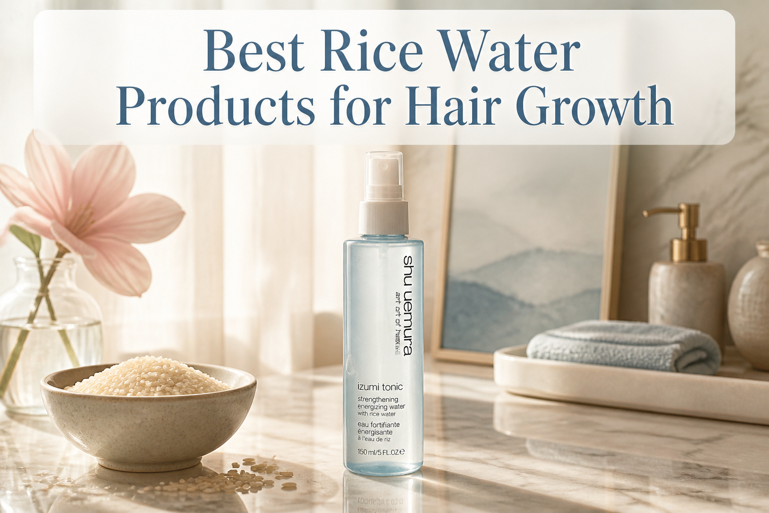 A collage of various rice water hair products on a light background.