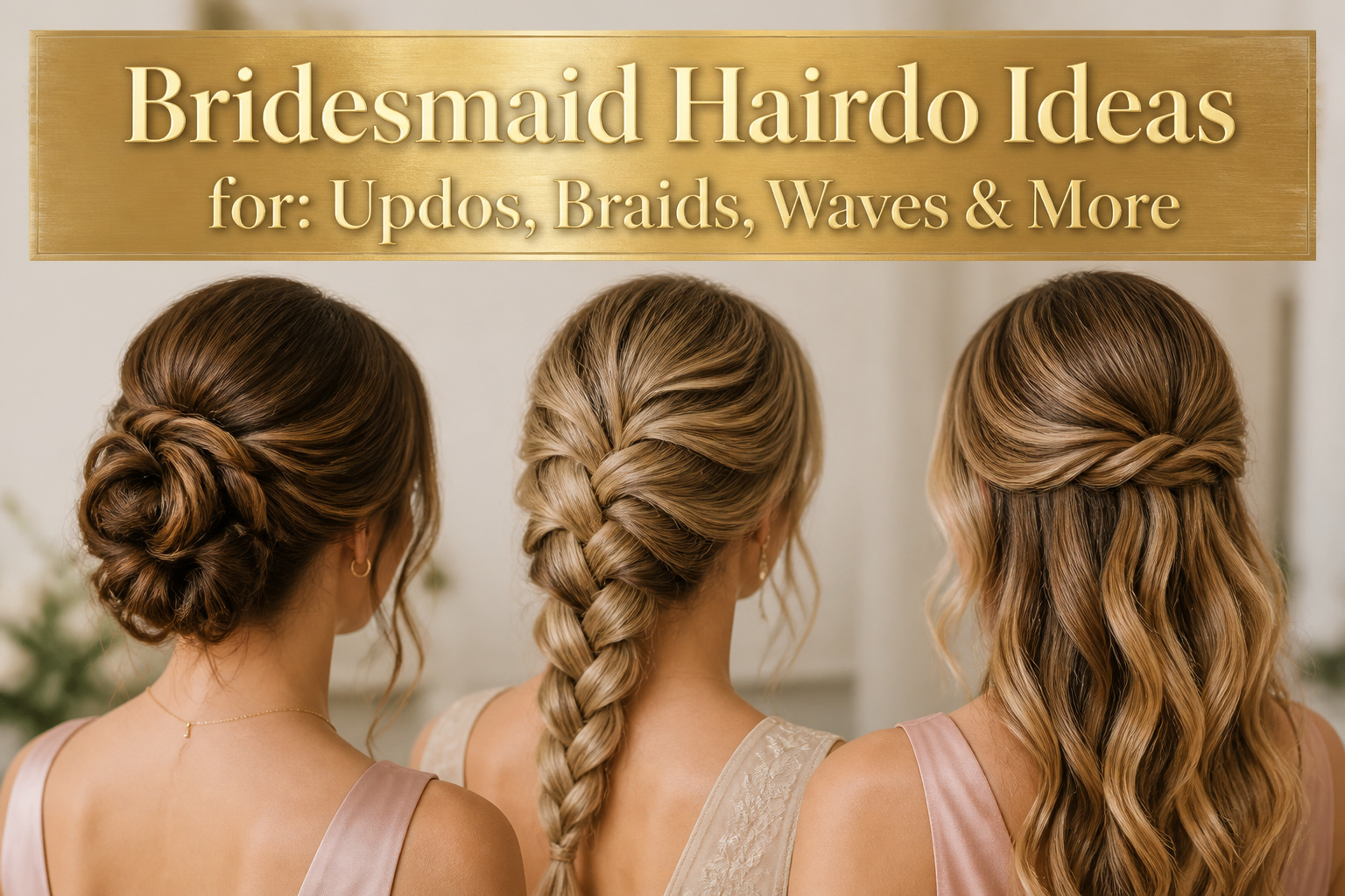 Collage of various bridesmaid hairstyles including updos, braids, and waves.