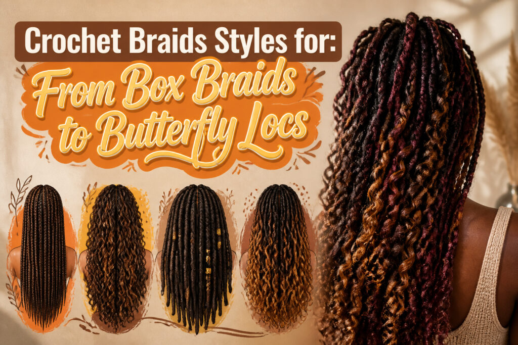 Models with different crochet braids styles, highlighting various textures and colors.