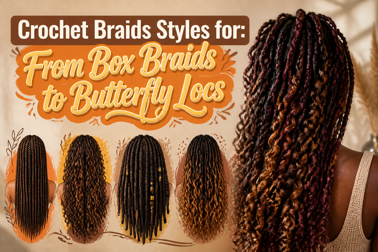 Models with different crochet braids styles, highlighting various textures and colors.
