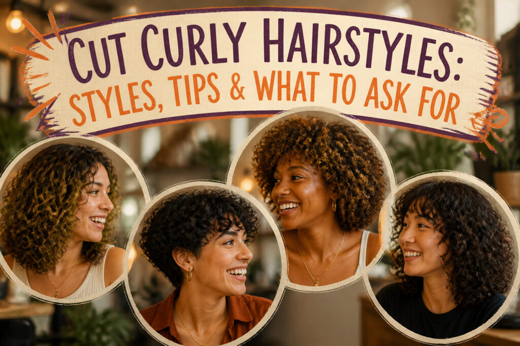 A variety of curly hairstyles displayed in different styles and lengths.