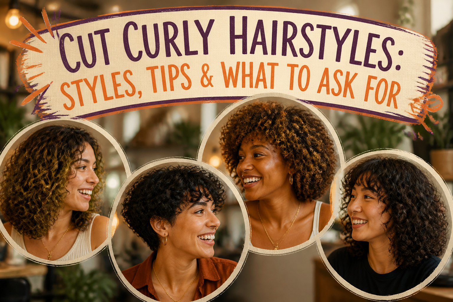 A variety of curly hairstyles displayed in different styles and lengths.