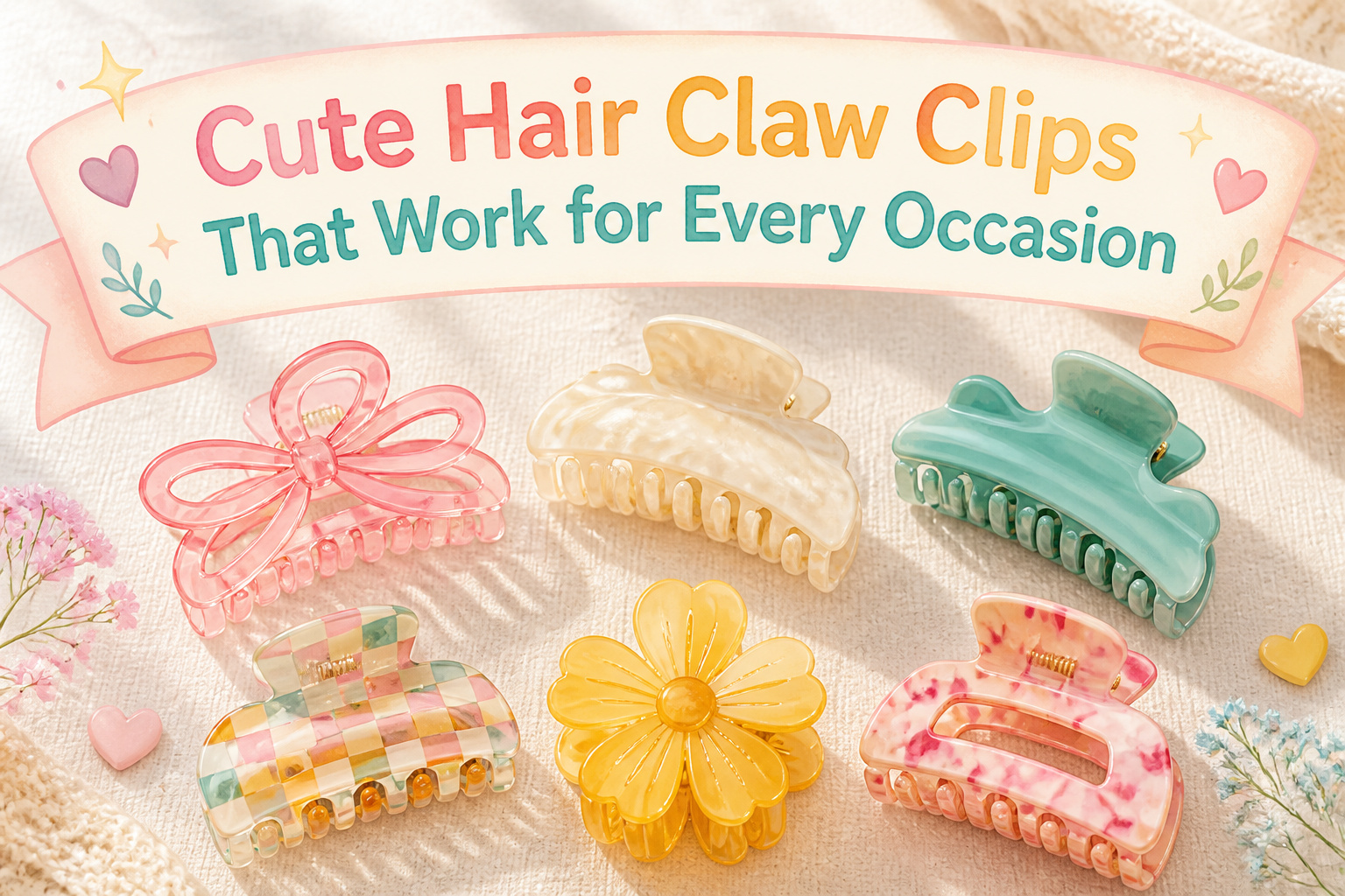 Various cute hair claw clips displayed together.