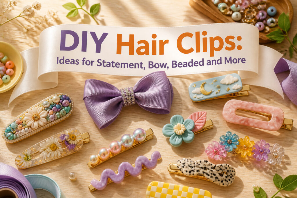 Colorful DIY hair clips made from different materials and designs.