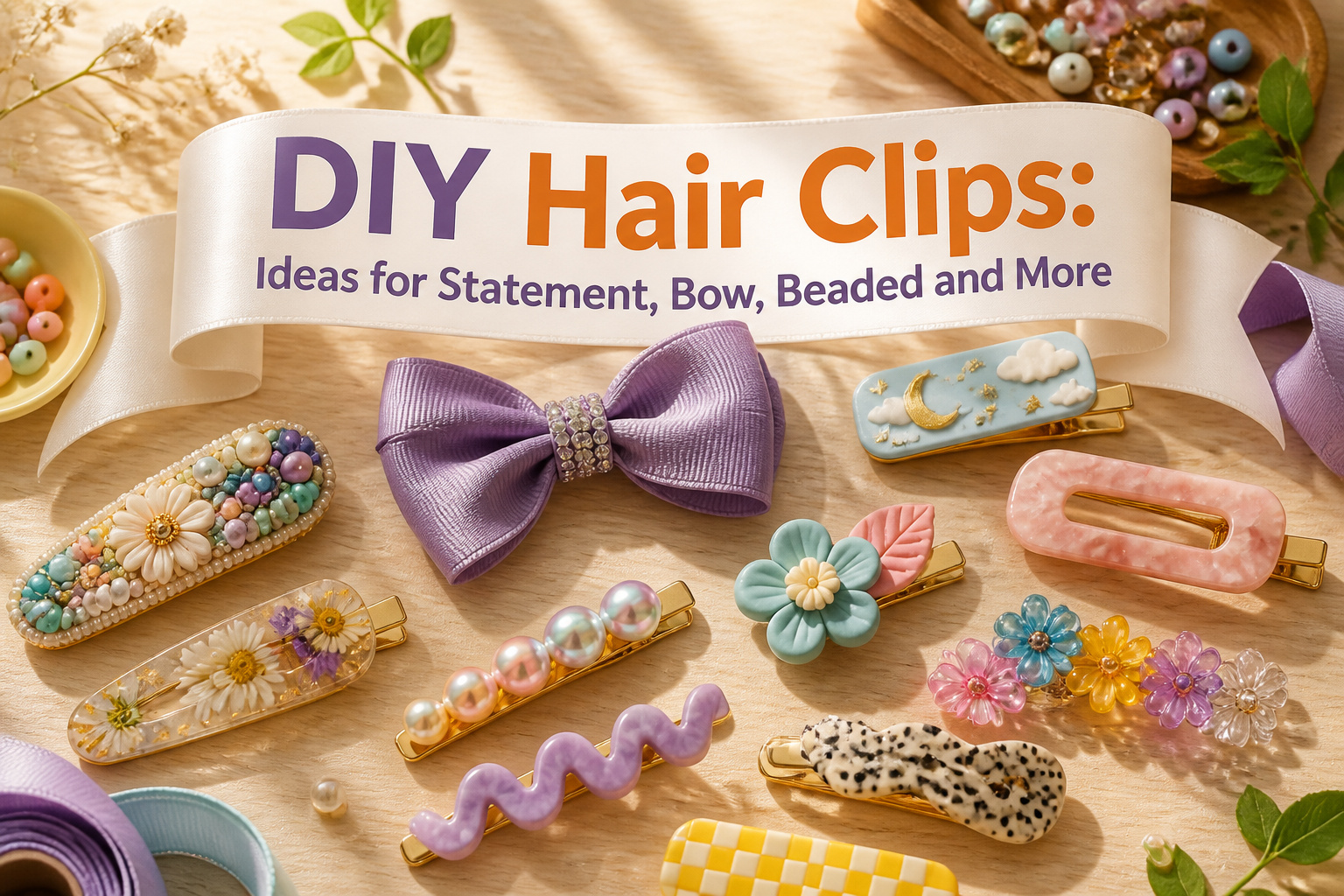 Colorful DIY hair clips made from different materials and designs.
