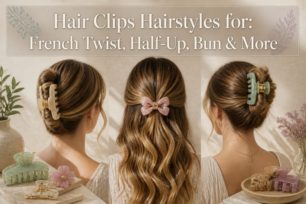 Various hairstyles featuring different types of hair clips.