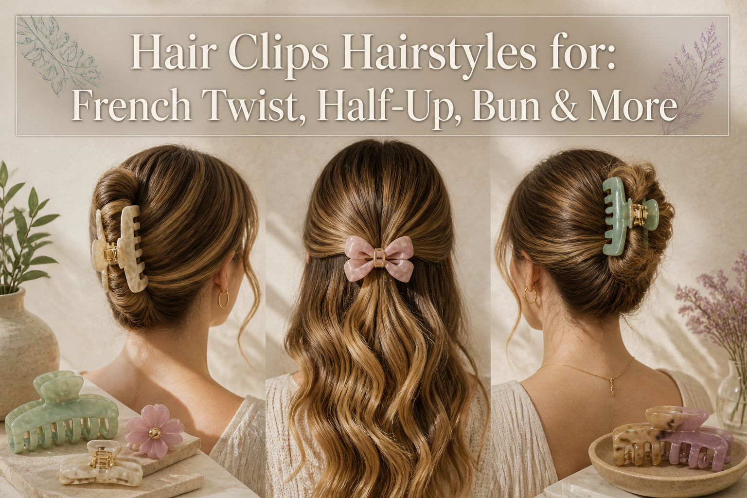 Various hairstyles featuring different types of hair clips.