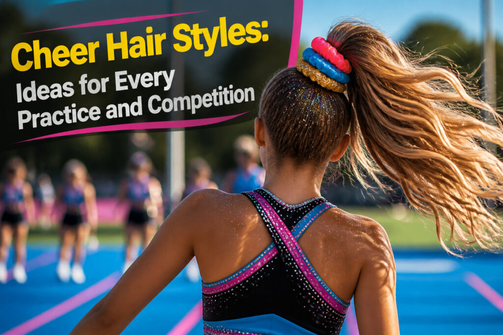 Cheerleaders practicing with various hairstyles in a gym.