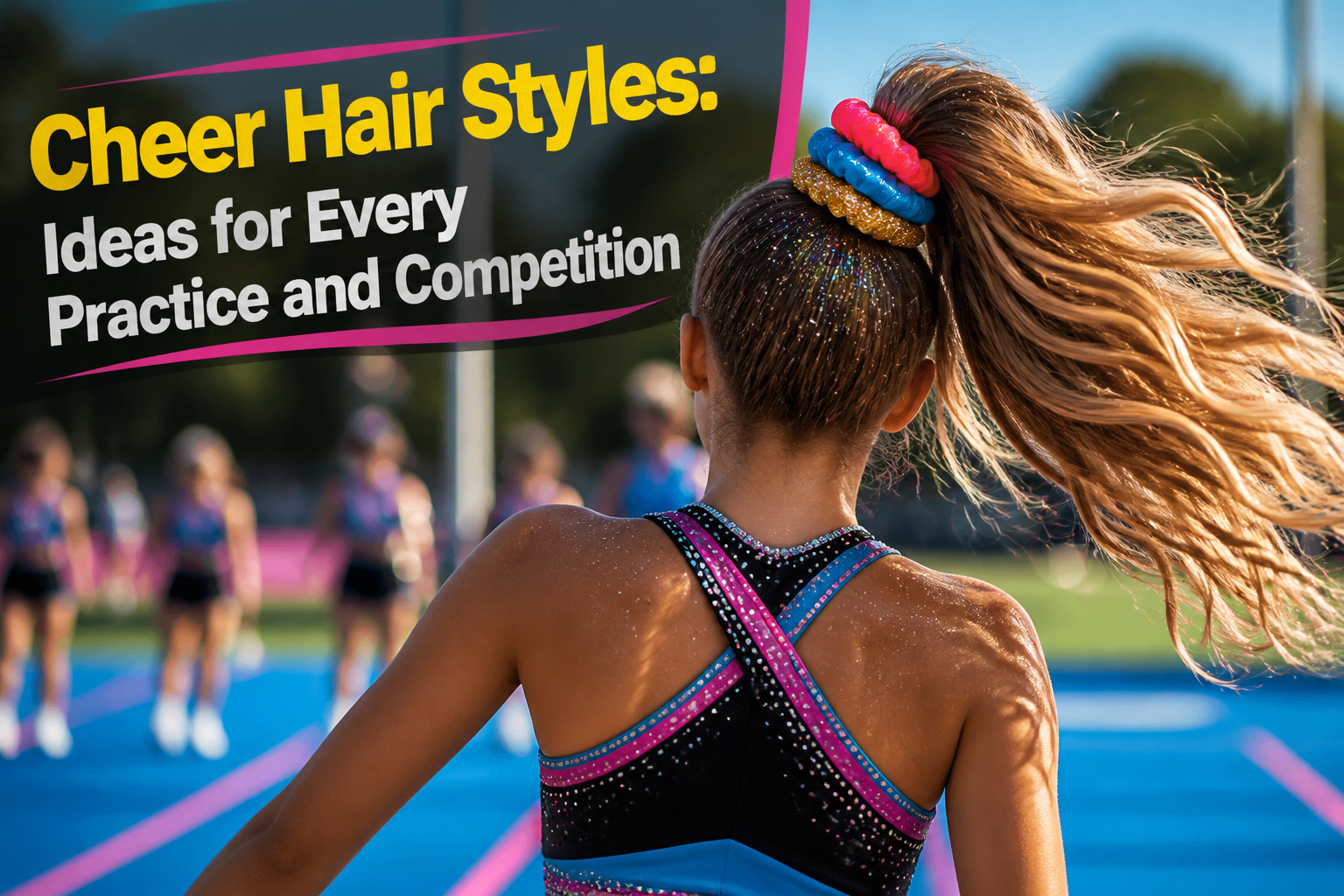 Cheerleaders practicing with various hairstyles in a gym.