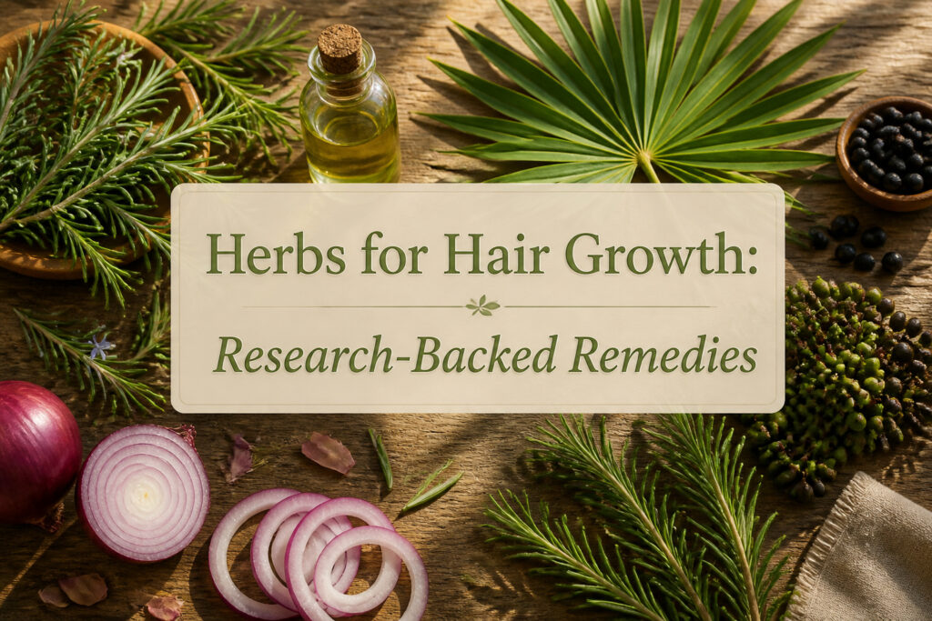 Various herbs and oils displayed on a wooden table for hair growth.