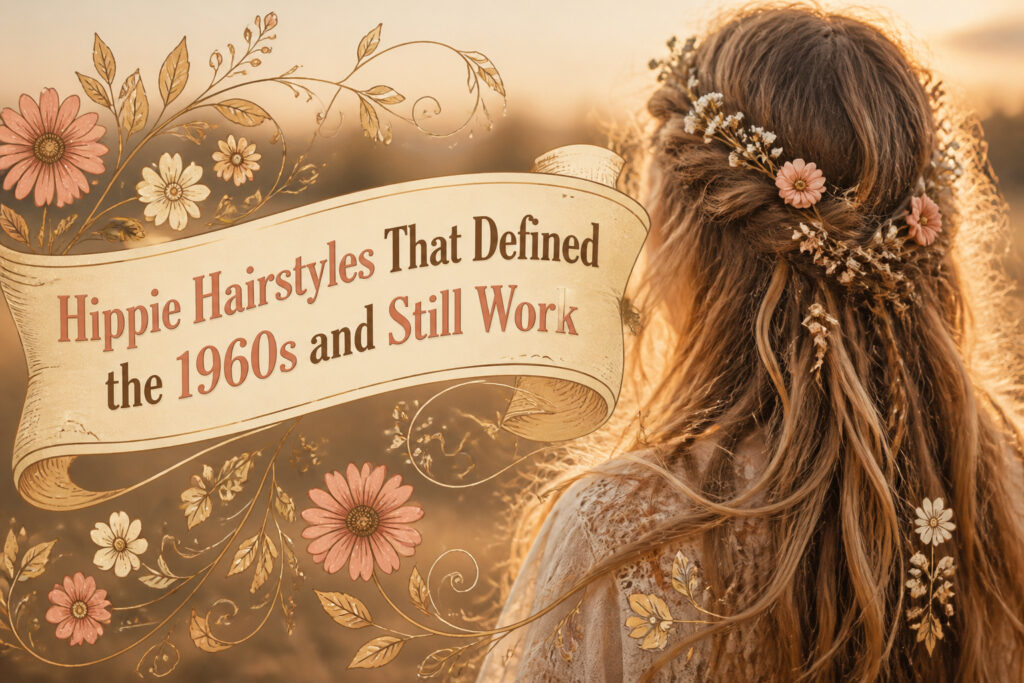 A model displaying different hippie hairstyles in a vibrant outdoor setting.