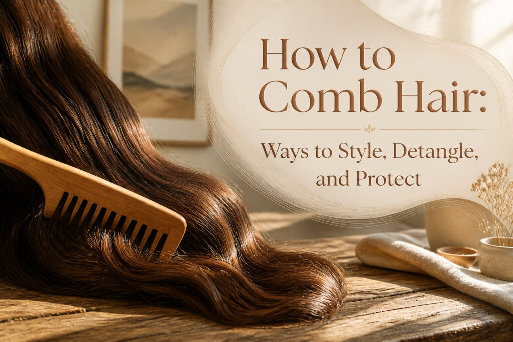 Different types of combs arranged on a countertop.