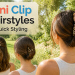 Model wearing winter attire with hair styled using mini clips.