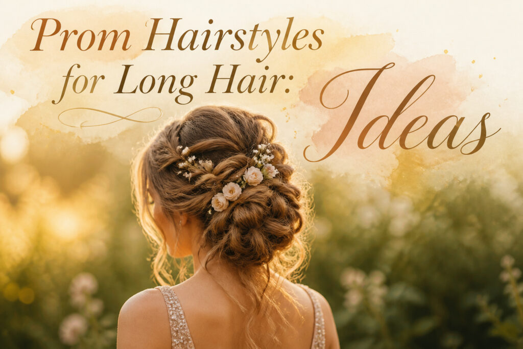 Various prom hairstyles for long hair displayed in a collage.