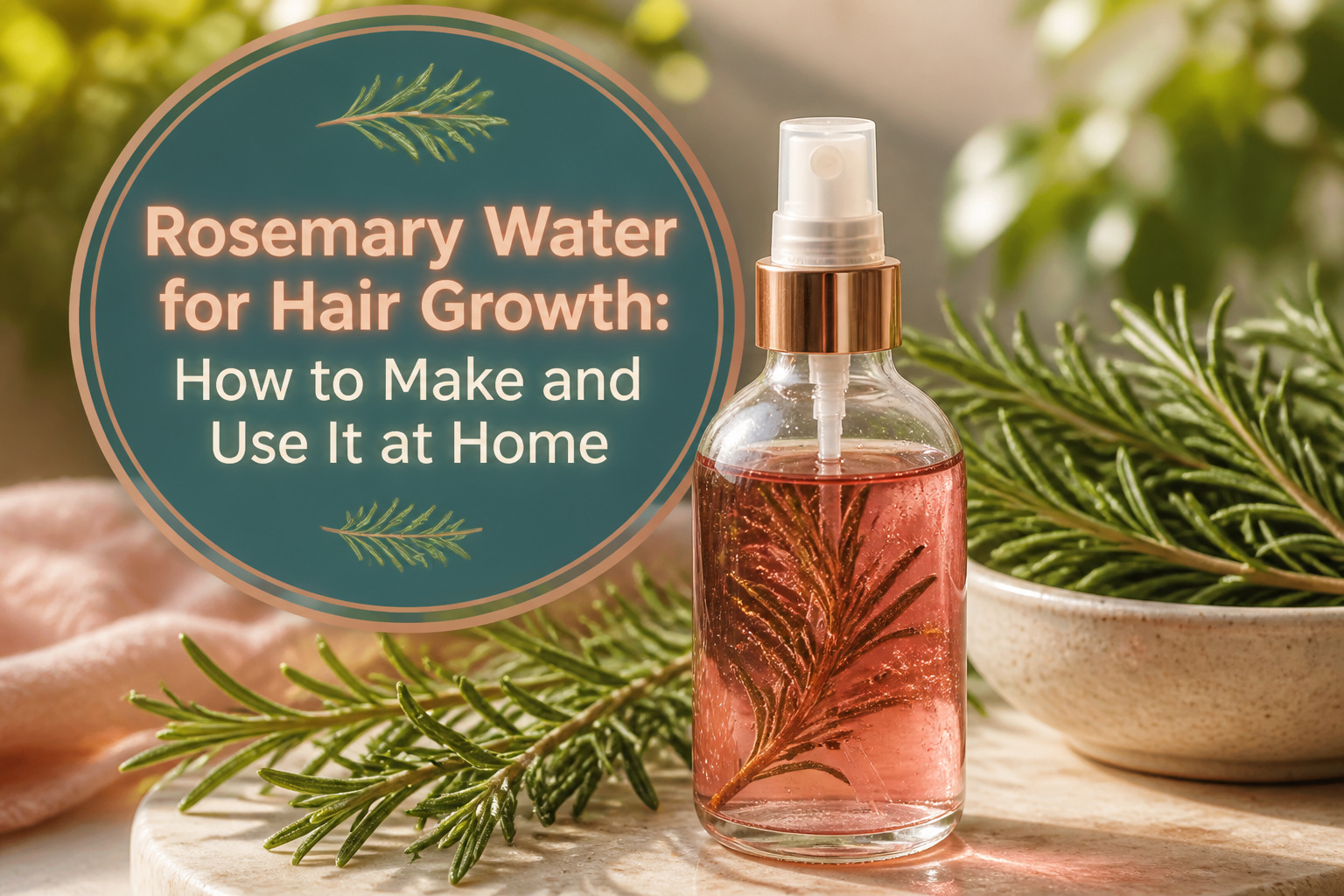 A clear glass bowl of rosemary water with sprigs floating inside.