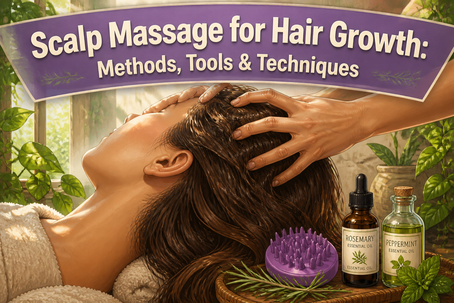 Individual receiving a scalp massage with hands on their head.
