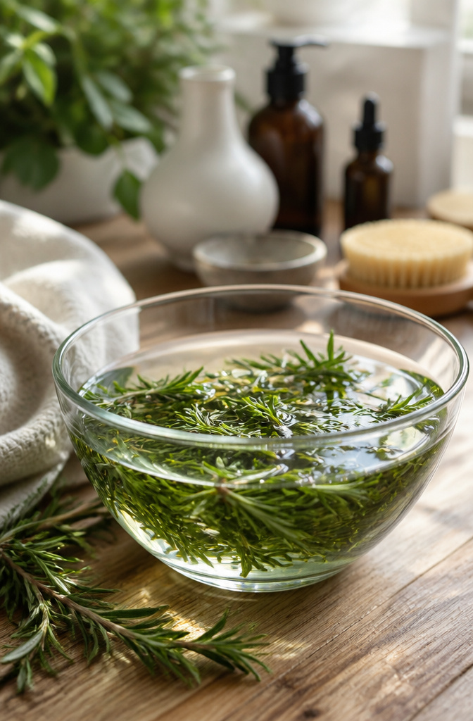 Rosemary Water for Hair Growth: How to Make and Use It at Home 1 Close-up of a glass bowl filled with rosemary water and sprigs.