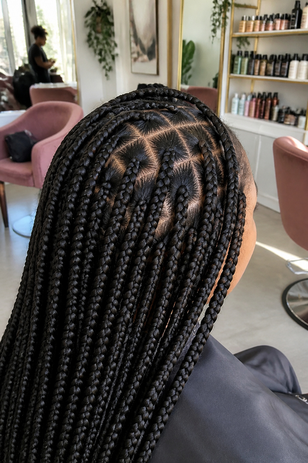 15 Crochet Braids Styles for 2026: From Box Braids to Butterfly Locs 1 Close-up of box braids in uniform square sections on a model.