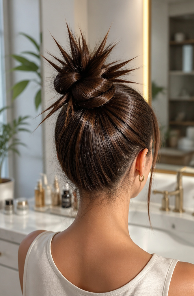 20 Easy Hairstyle Ideas You Can Do in Minutes (2026) 1 A high spiked bun styled with structured spikes on the model.