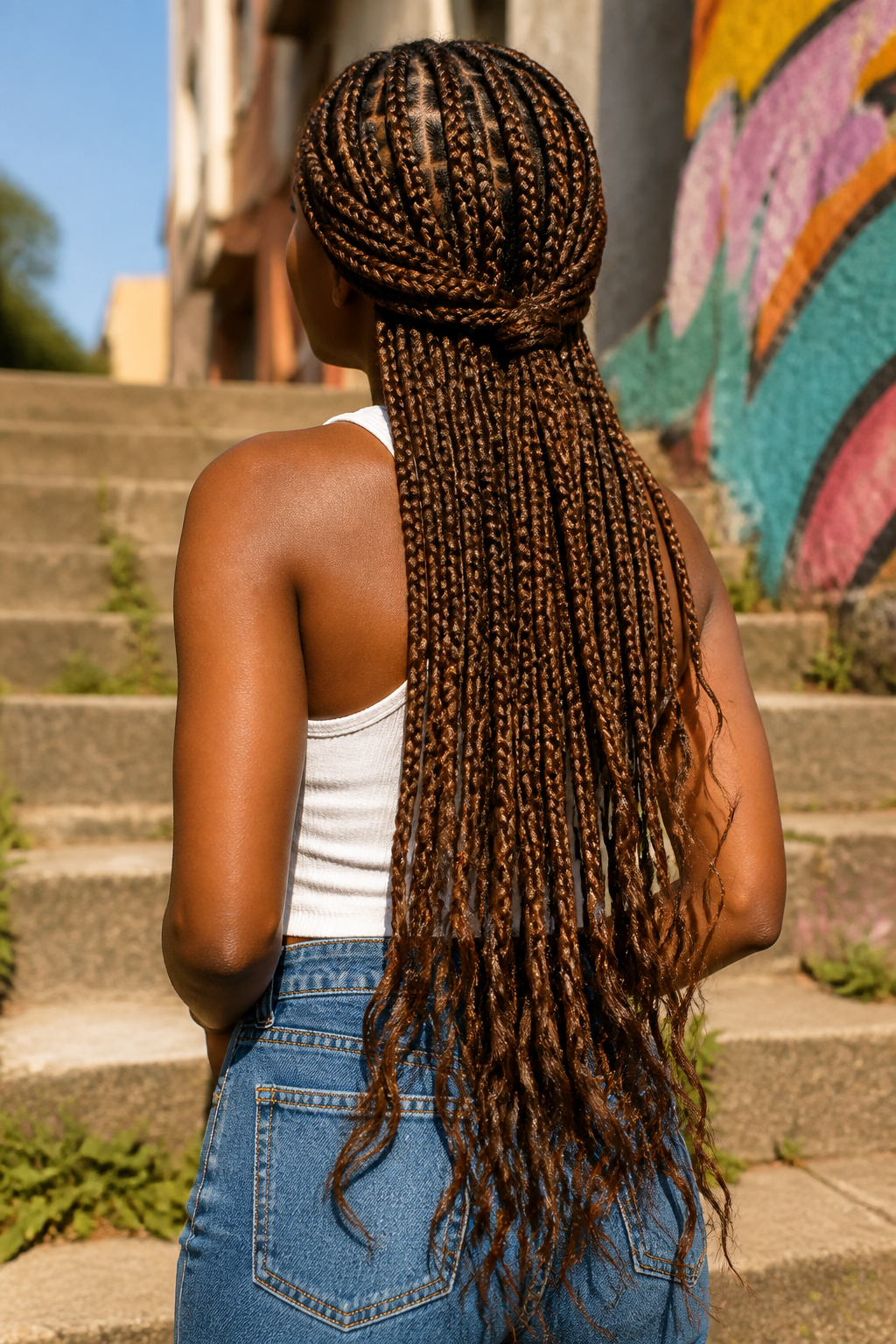 A Black woman with box braids styled in a uniform grid.
