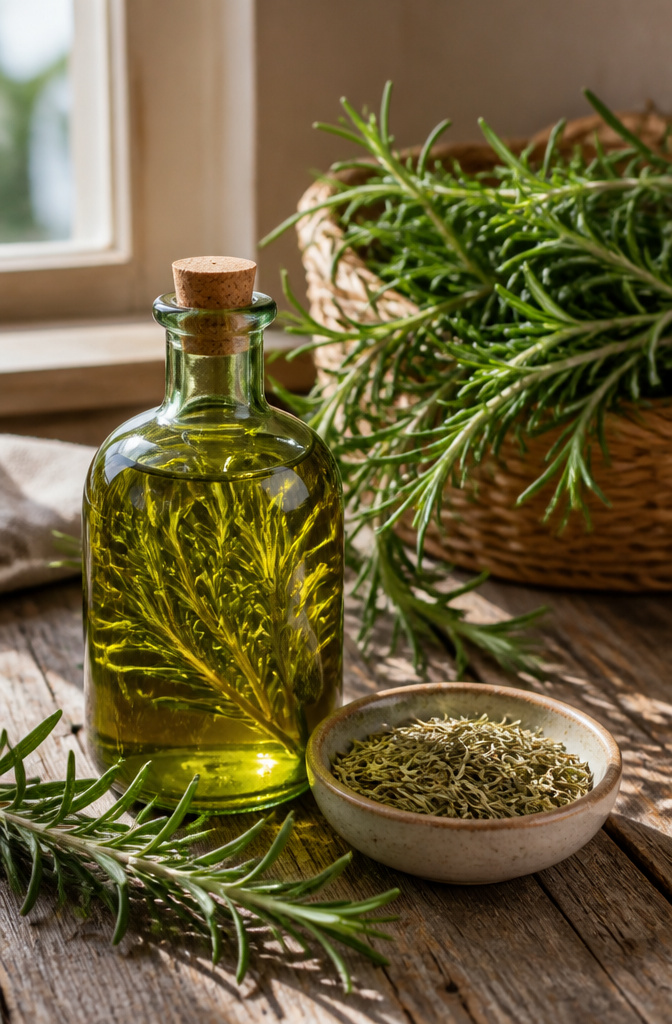 Green rosemary oil bottle beside dried rosemary leaves on wood.