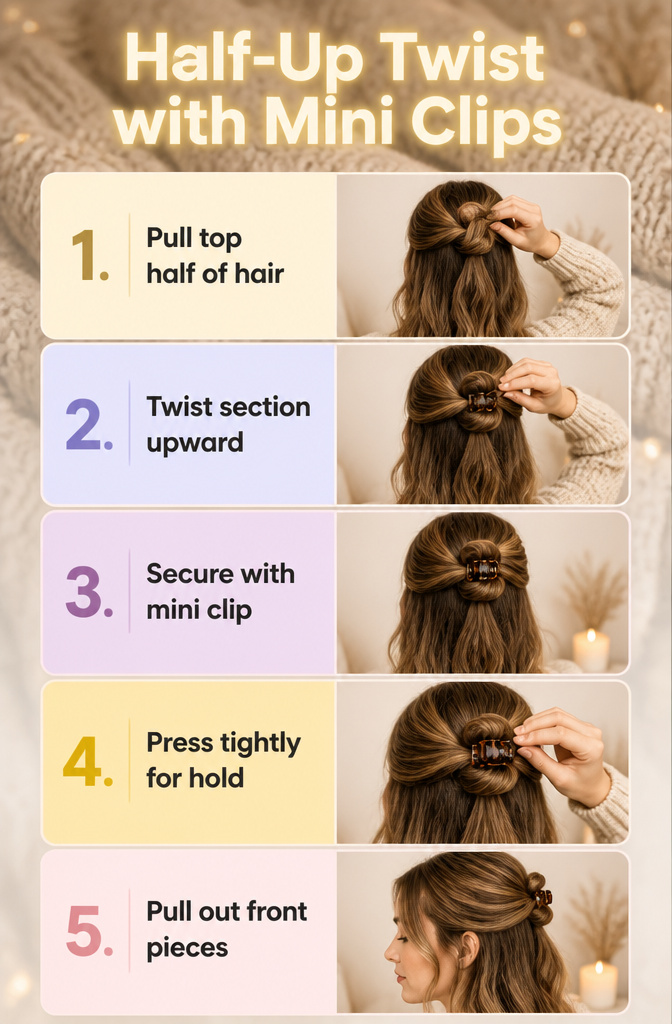 5 Mini Clip Hairstyles for Quick Styling in 2026 1 Half-up twist hairstyle secured with a small clip.