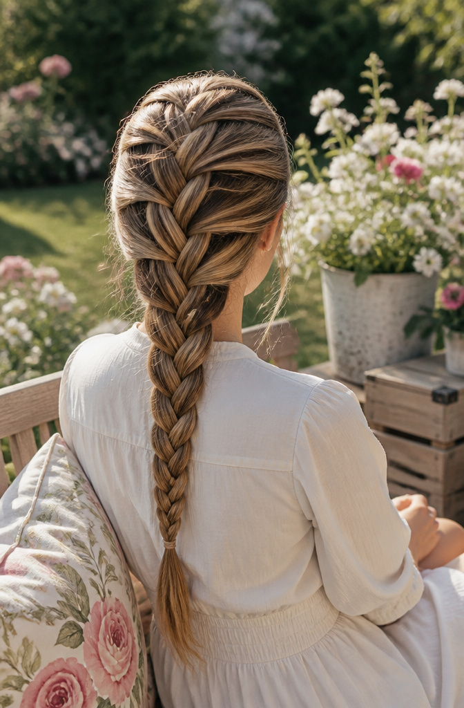 20 Pretty Hairstyles with Braids for 2026 1 Woman with long hair styled in a French braid sitting on a bench.