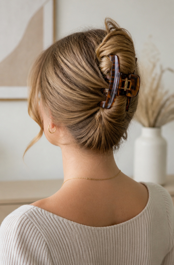 10 Hair Clips Hairstyles for 2026: French Twist, Half-Up, Bun & More 1 French twist hairstyle held with a glossy claw clip.