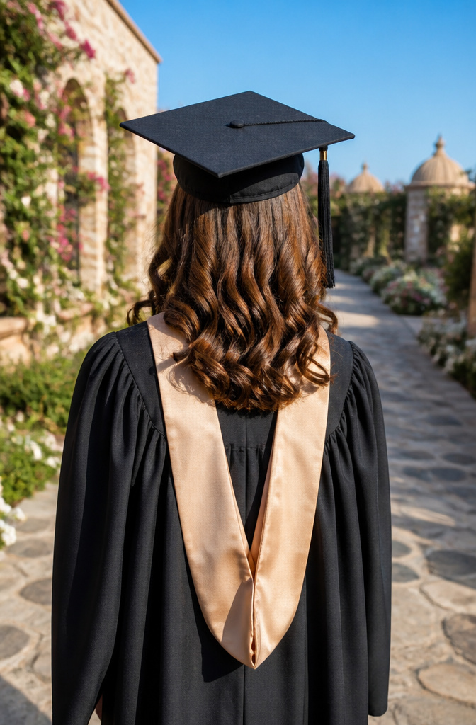 20 Down Hairstyles for Graduation That Work with a Cap 1 Graduate with shoulder-length soft curls styled under a mortarboard cap.