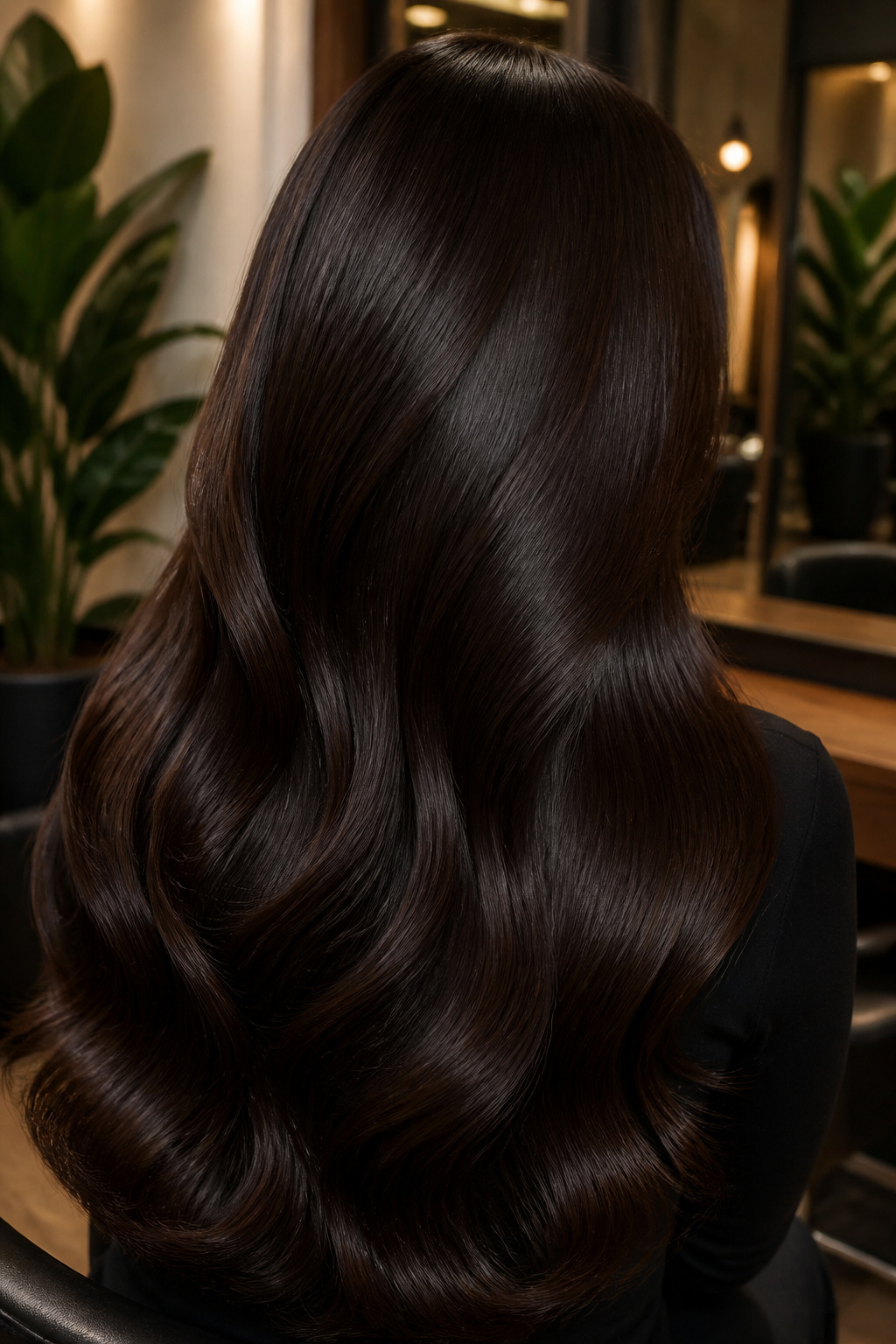 A model with dark chocolate brown hair showing a glossy finish.