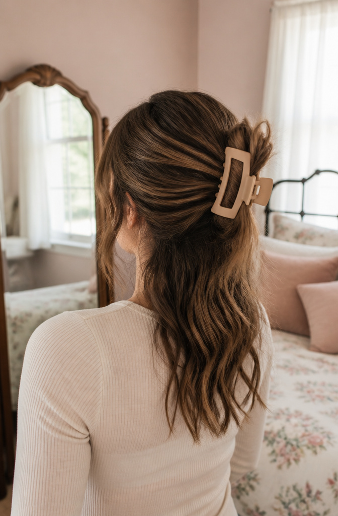 17 Half Up Half Down Hairstyles Claw Clip Ideas for 2026 1 Woman with a half-up half-down bun secured by a claw clip.