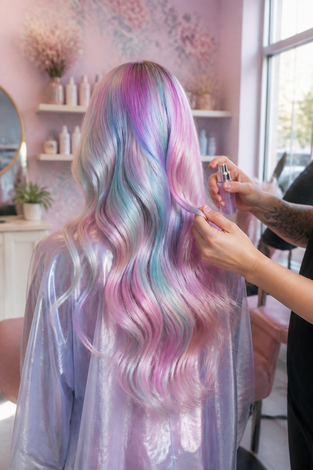 Best Holographic Hair Ideas: Colors, Styles and Techniques for 2026 1 Model with unicorn hair in pastel shades inside a whimsical salon.