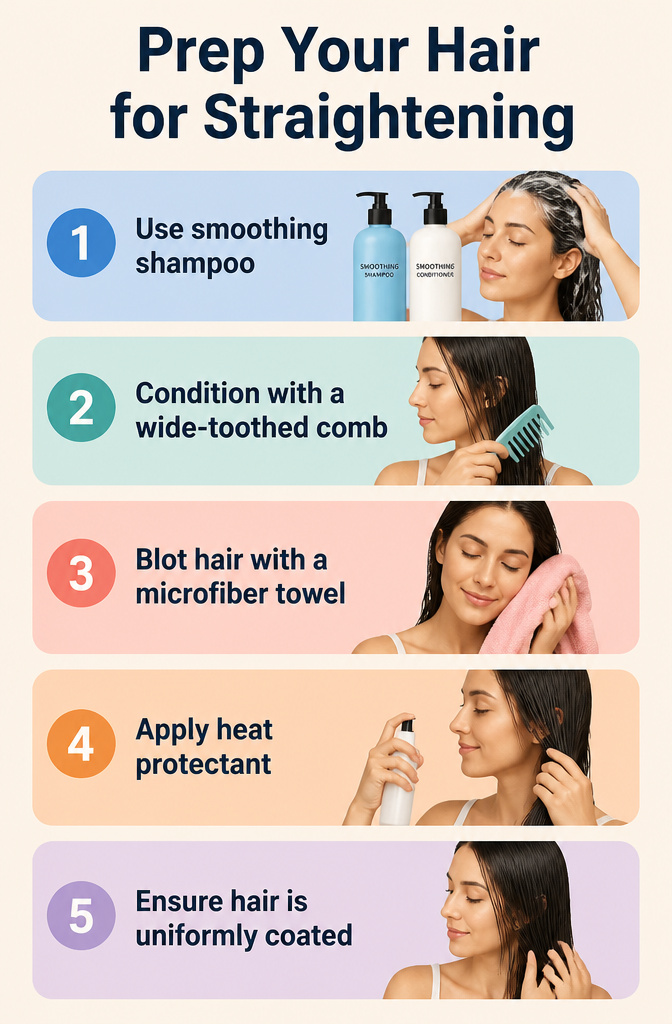 An information image about prepping hair for straightening with products.