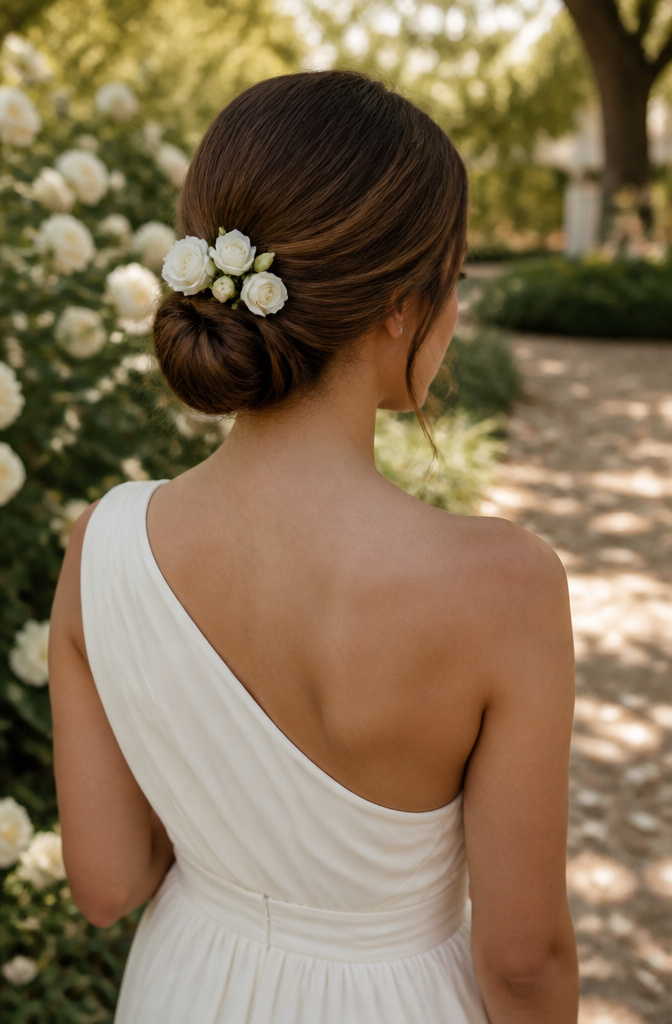 12 Bridesmaid Hairdo Ideas for 2026: Updos, Braids, Waves & More 1 Bridesmaid with a classic chignon hairstyle at a wedding.