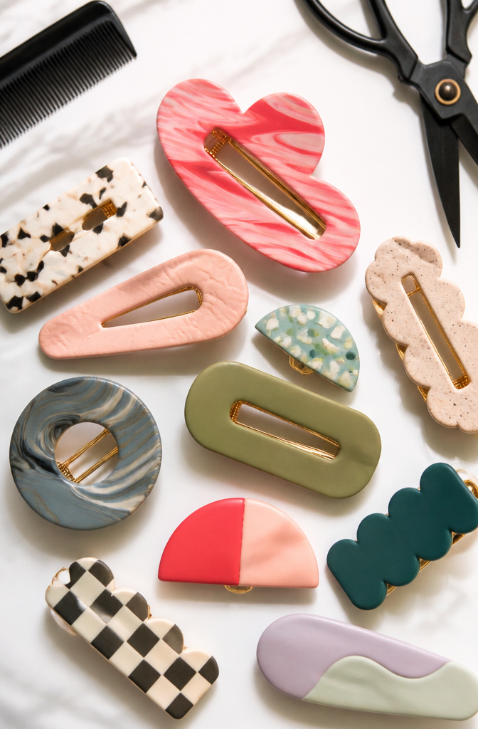 DIY Hair Clips: 12 Ideas for Statement, Bow, Beaded and More 1 Oversized heart and geometric-shaped statement hair clips made from polymer clay.