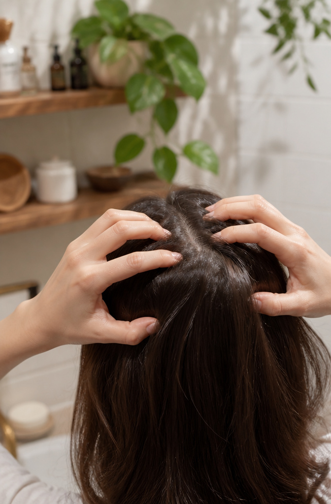 Scalp Massage for Hair Growth: Methods, Tools & Techniques 1 Close-up of hands pressing fingers against a textured scalp.