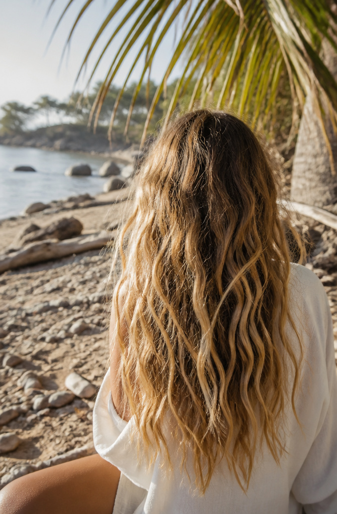 10 Hippie Hairstyles That Defined the 1960s and Still Work in 2026 1 A model's hair styled in soft, tousled beach waves against palm fronds.