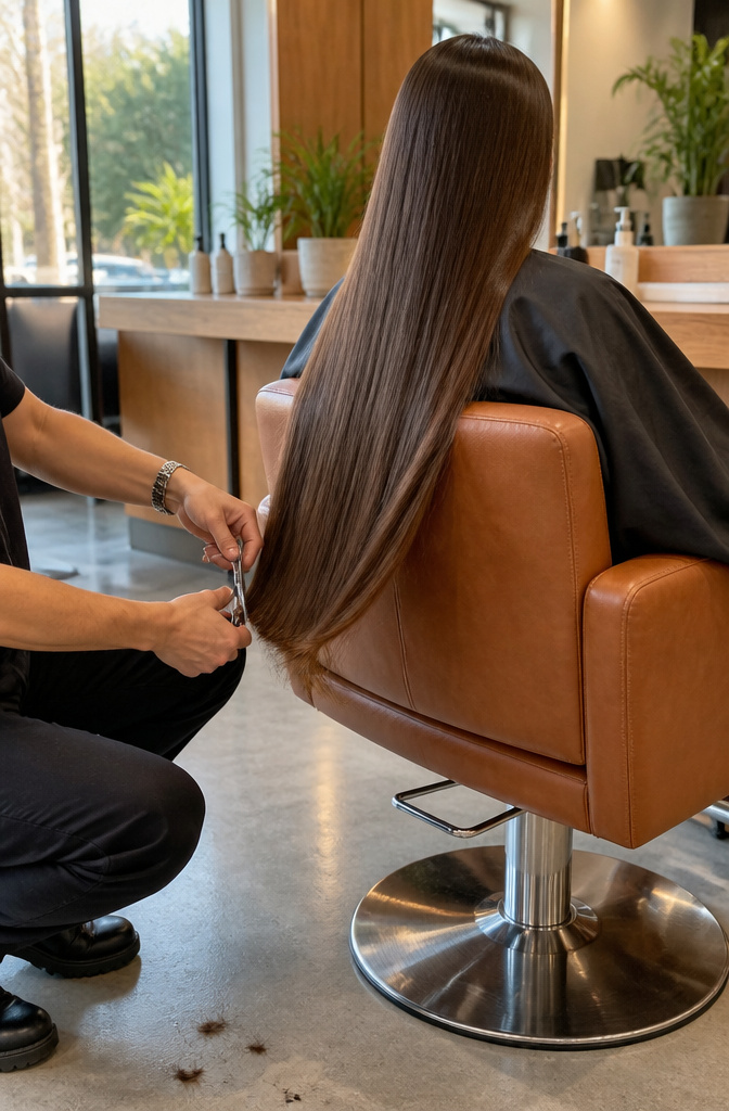 How to Grow Your Hair Faster: 7 Steps Backed by Research 1 Client with long hair receiving a trim in a salon.