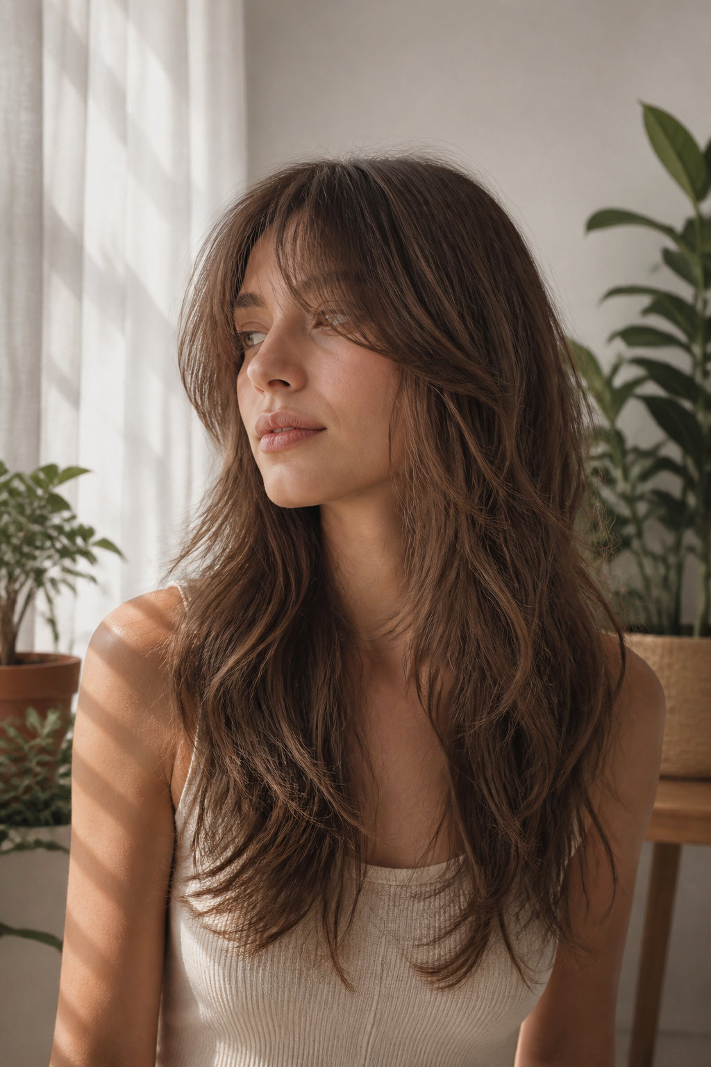19 Trending Long Layered Hair with Bangs Styles for 2026 1 Model with long layered hair and wispy bangs.