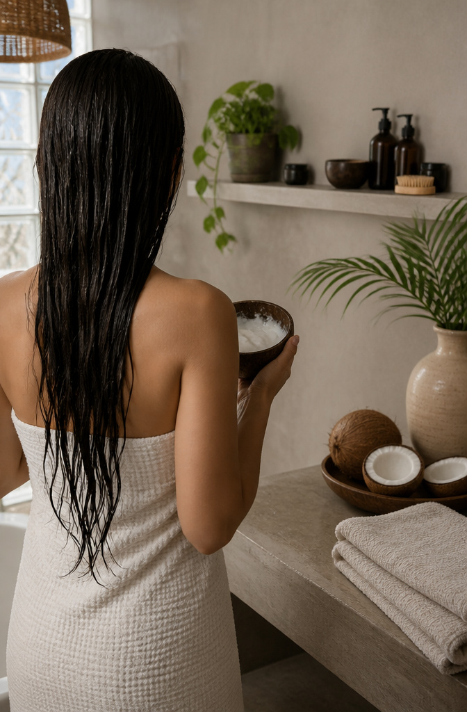 A photograph of a model preparing a coconut milk mask for her hair.