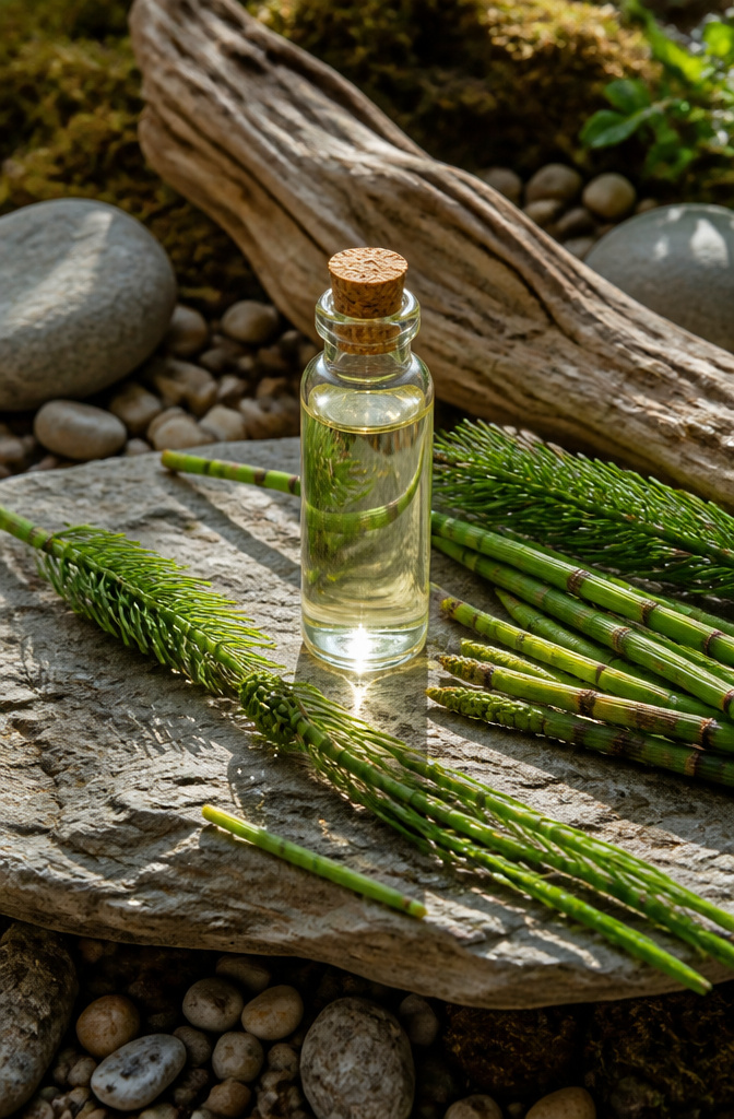 A glass vial of horsetail extract surrounded by horsetail plants.