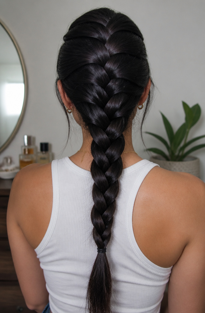 20 Easy Hairstyle Ideas You Can Do in Minutes (2026) 10 A model with a neatly styled Dutch braid down her back.