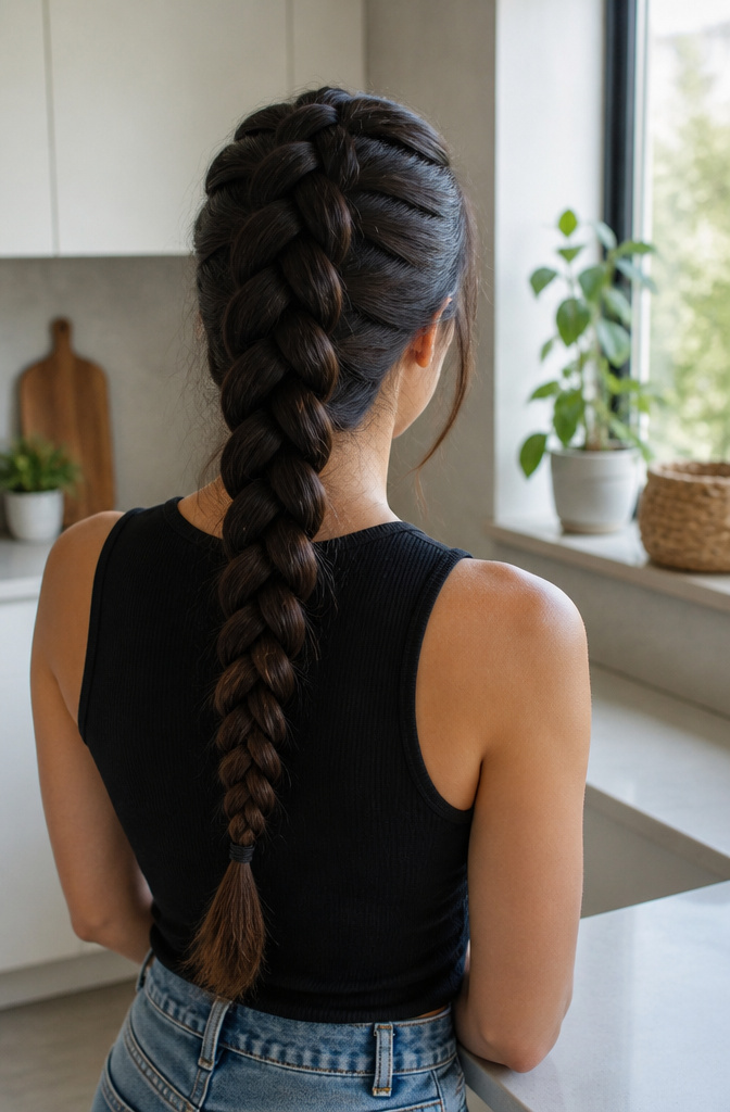 15 Quick Braided Hairstyles You Can Do in Minutes for 2026 10 Woman with thick hair styled in a Dutch braid.