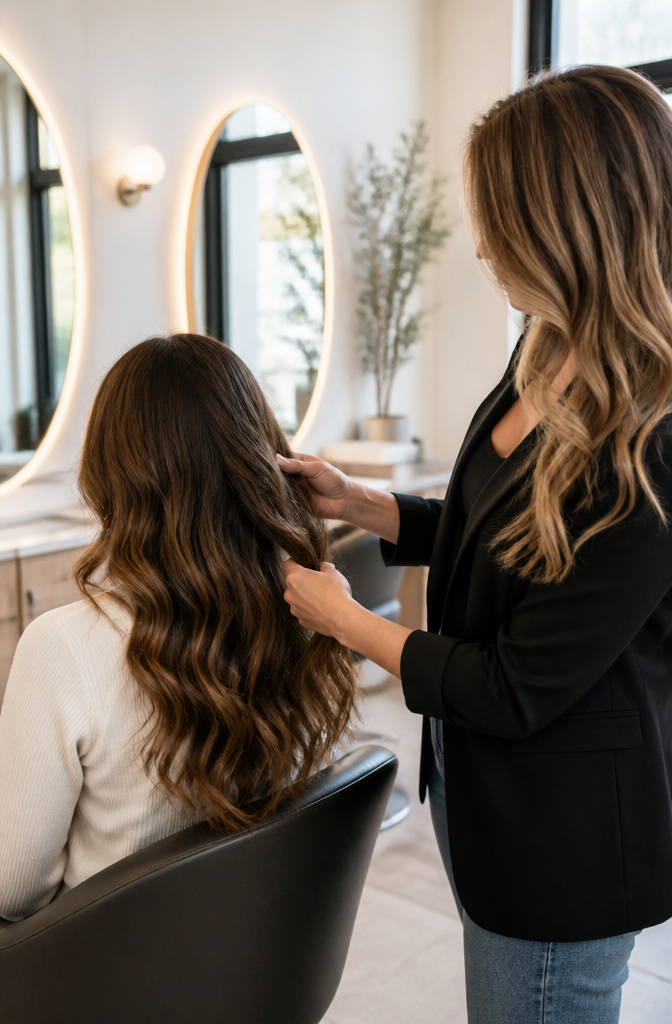 A model discussing hairstyle options with a stylist in a salon.