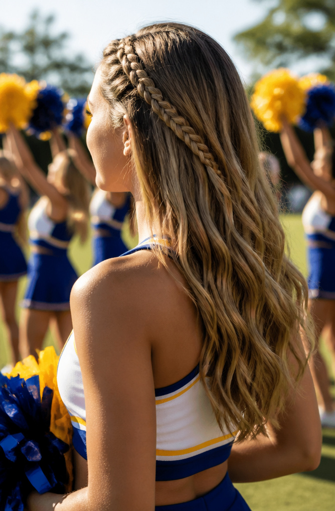 18 Cheer Hair Styles: Ideas for Every Practice and Competition 10 A cheerleader with a braided headband during practice.