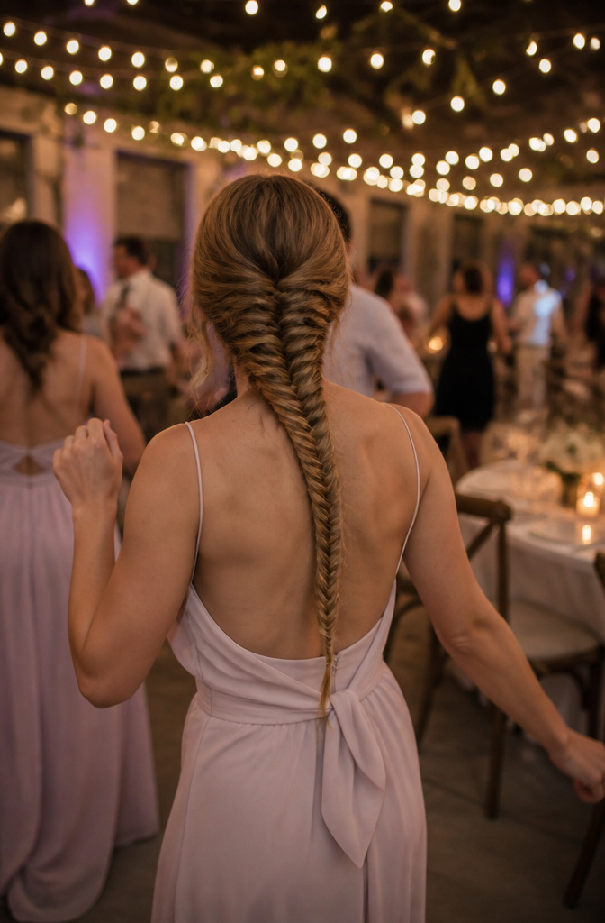 12 Bridesmaid Hairdo Ideas for 2026: Updos, Braids, Waves & More 10 Bridesmaid with a fishtail braid dancing at a night reception.