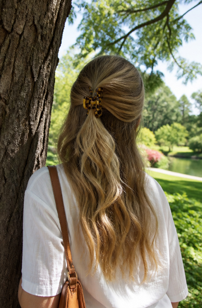 17 Half Up Half Down Hairstyles Claw Clip Ideas for 2026 10 Woman with a twisted half-up half-down hairstyle.