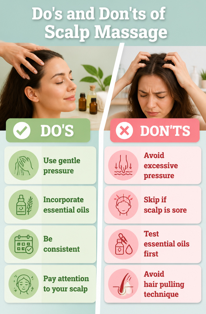 Scalp Massage for Hair Growth: Methods, Tools & Techniques 10 An infographic showing the do's and don'ts of scalp massage.