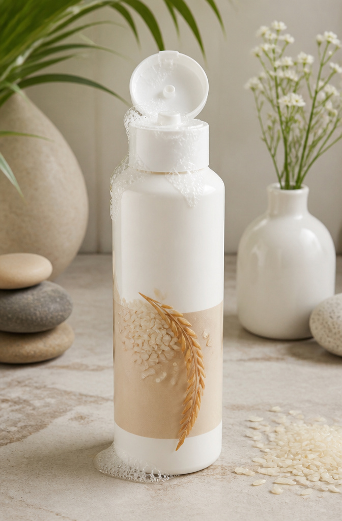 A bottle of Mamaearth Rice Water Shampoo on a simple background.