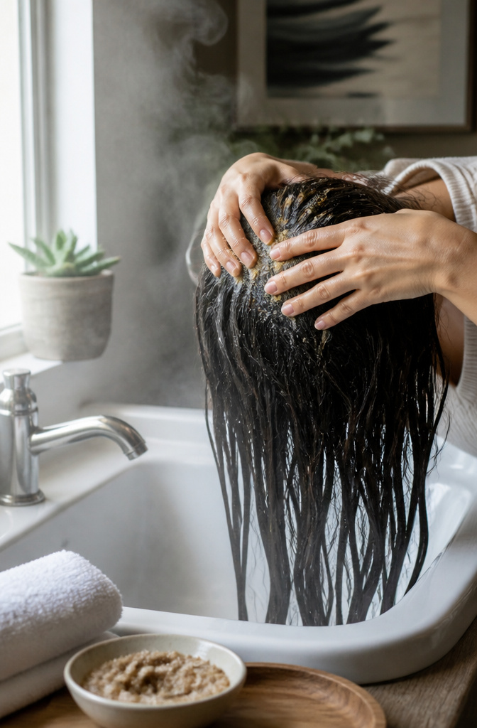 How to Grow Your Hair Faster: 7 Steps Backed by Research 10 Scalp scrub and hands massaging the scalp at a bathroom sink.